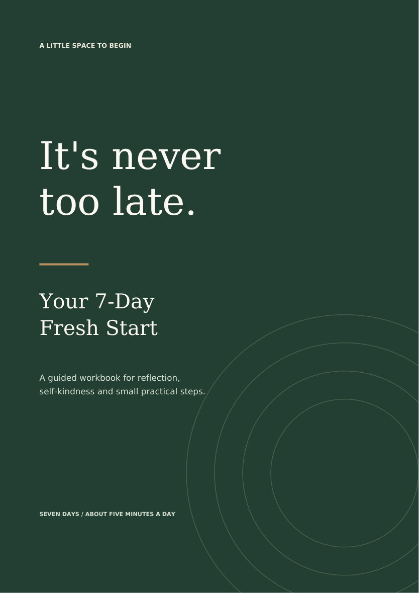 Forest-green cover: It's never too late. Your 7-Day Fresh Start