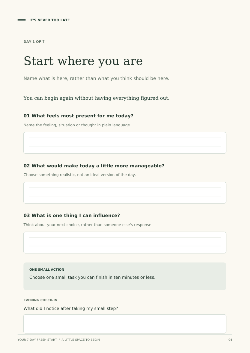 Workbook page for Day 1: Start where you are, with three prompts, writing space and an evening check-in
