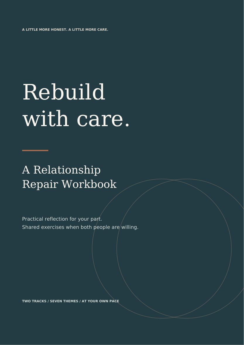 Rebuild With Care: A Relationship Repair Workbook, navy cover with overlapping circles